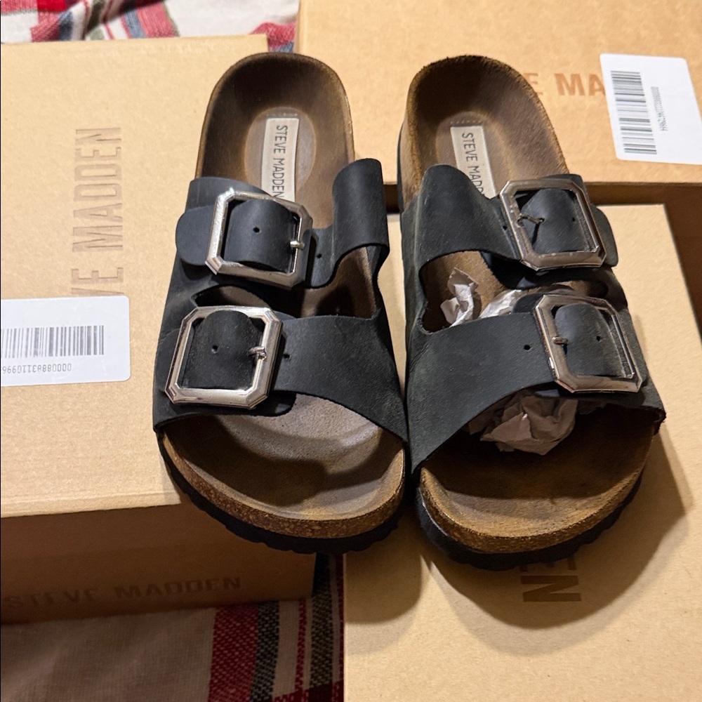 Steve Madden Black Sandals with Metallic Buckles